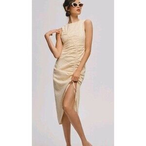 Maeve By Anthropologie Ruched Gingham Midi Dress Lined Yellow Women’s Szie 4